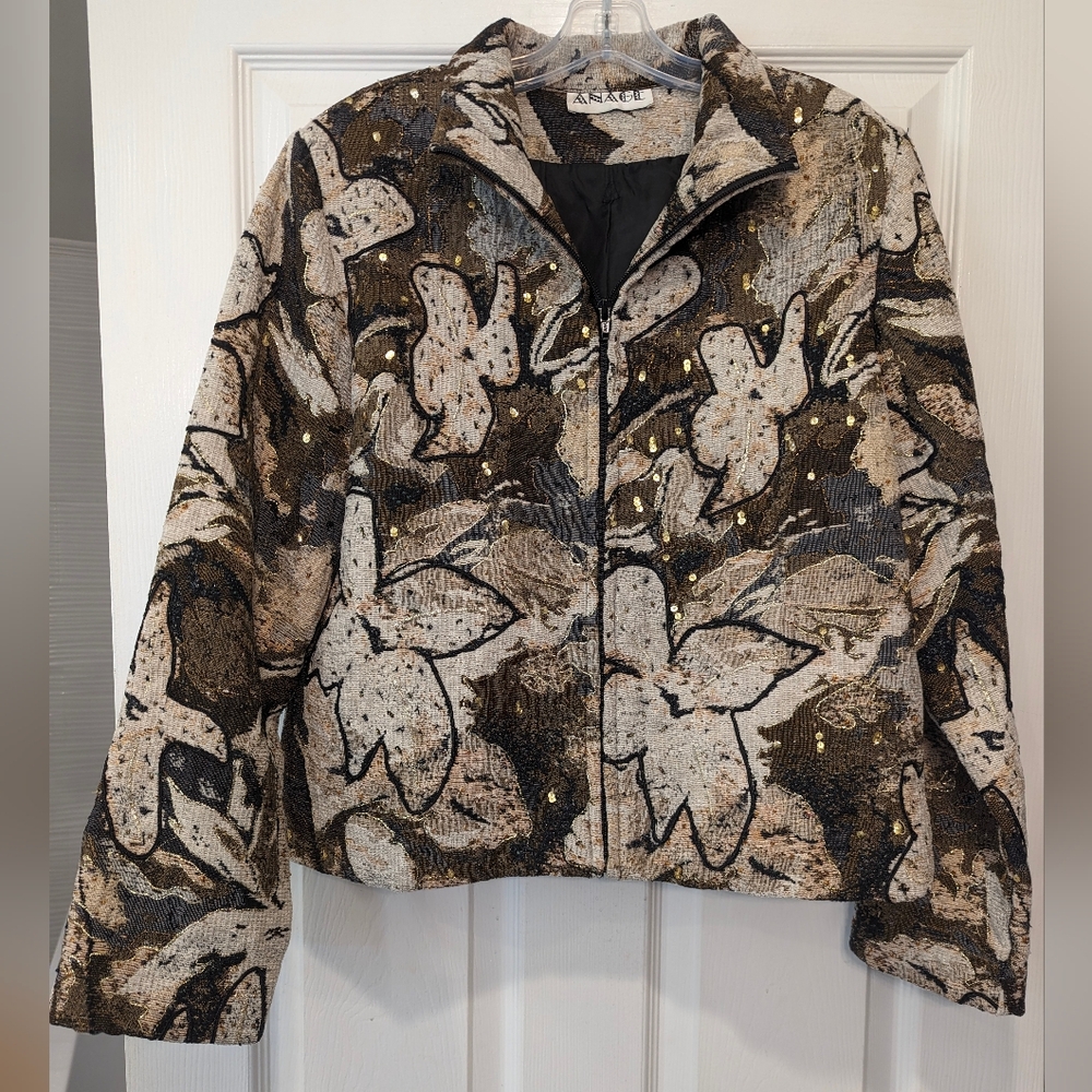 Anage Vintage 90s Beaded brown floral full zip tapestry Embroidered blazer sz L